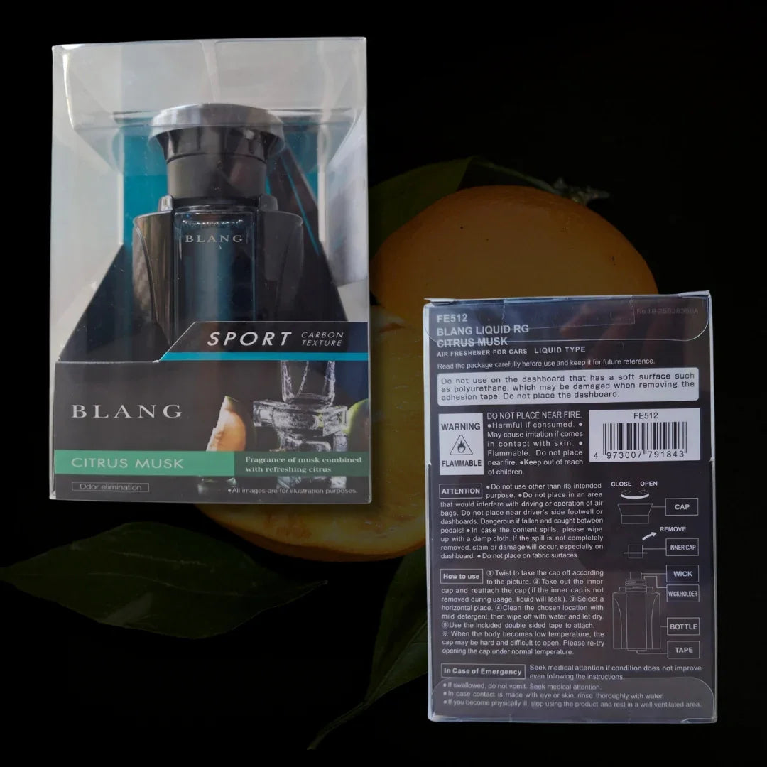 Blang Sport Citrus Musk car air freshener with carbon texture, liquid type for dashboard use