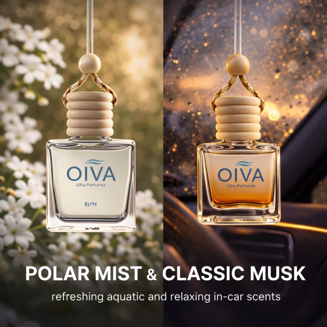 Elpis OIVA Classic Musk + Polar Mist Car Perfume Combo (Pack of 2) – Long-Lasting Luxury Car Air Freshener with Citrus, Lavender, Musky Amber & Fresh Floral Notes