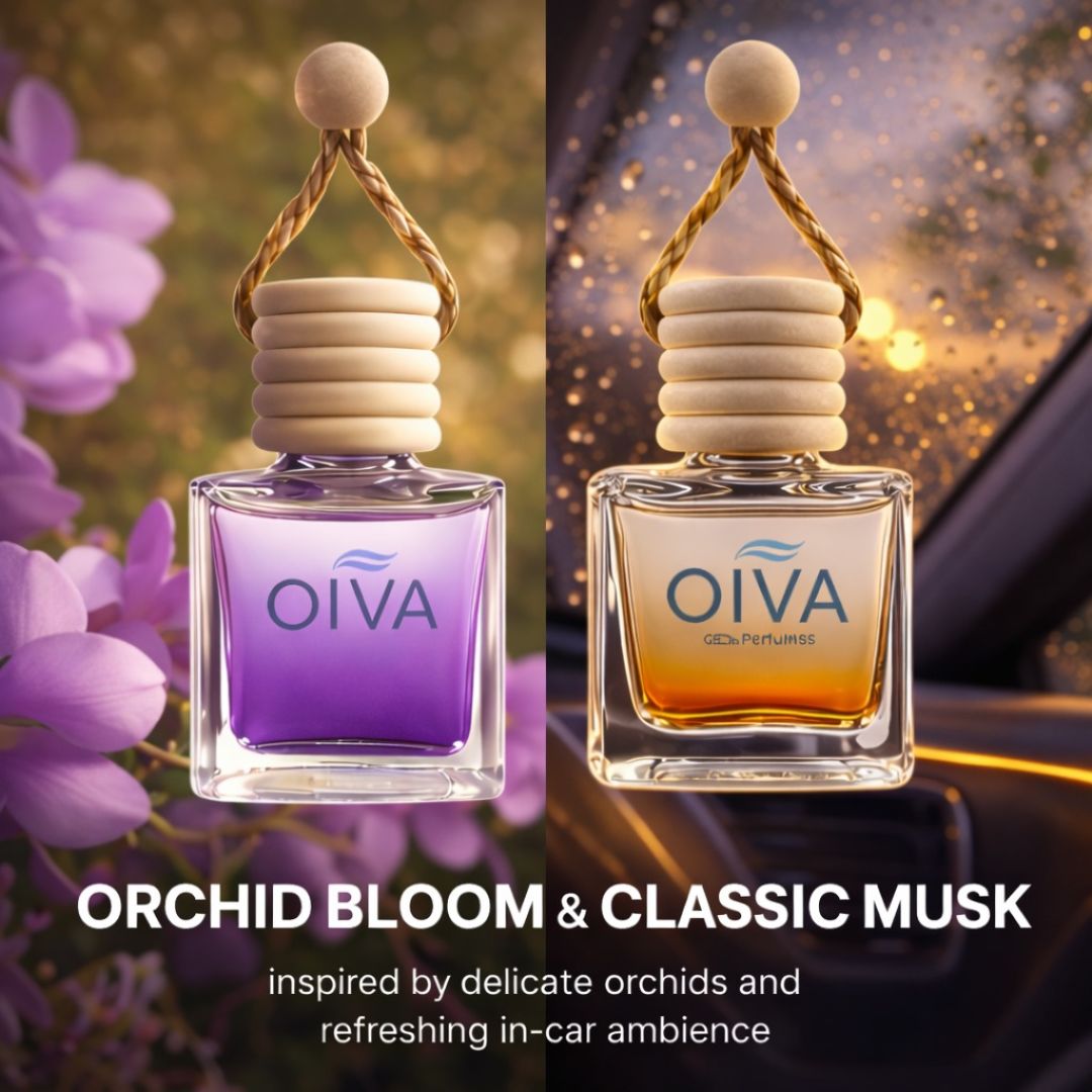 Elpis OIVA Orchid Bloom + Classic Musk Car Perfume Combo (Pack of 2) – Long-Lasting Luxury Car Air Freshener with Lemon Citrus, Jasmine, Lily, Lavender & Musky Amber Notes