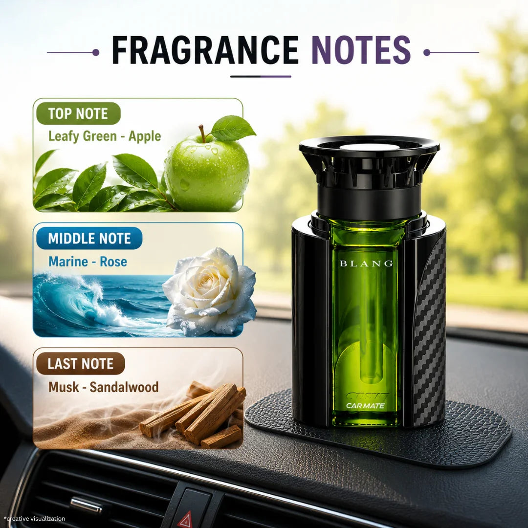 Green car air freshener with leafy apple, marine rose, and musk sandalwood fragrance notes on dashboard