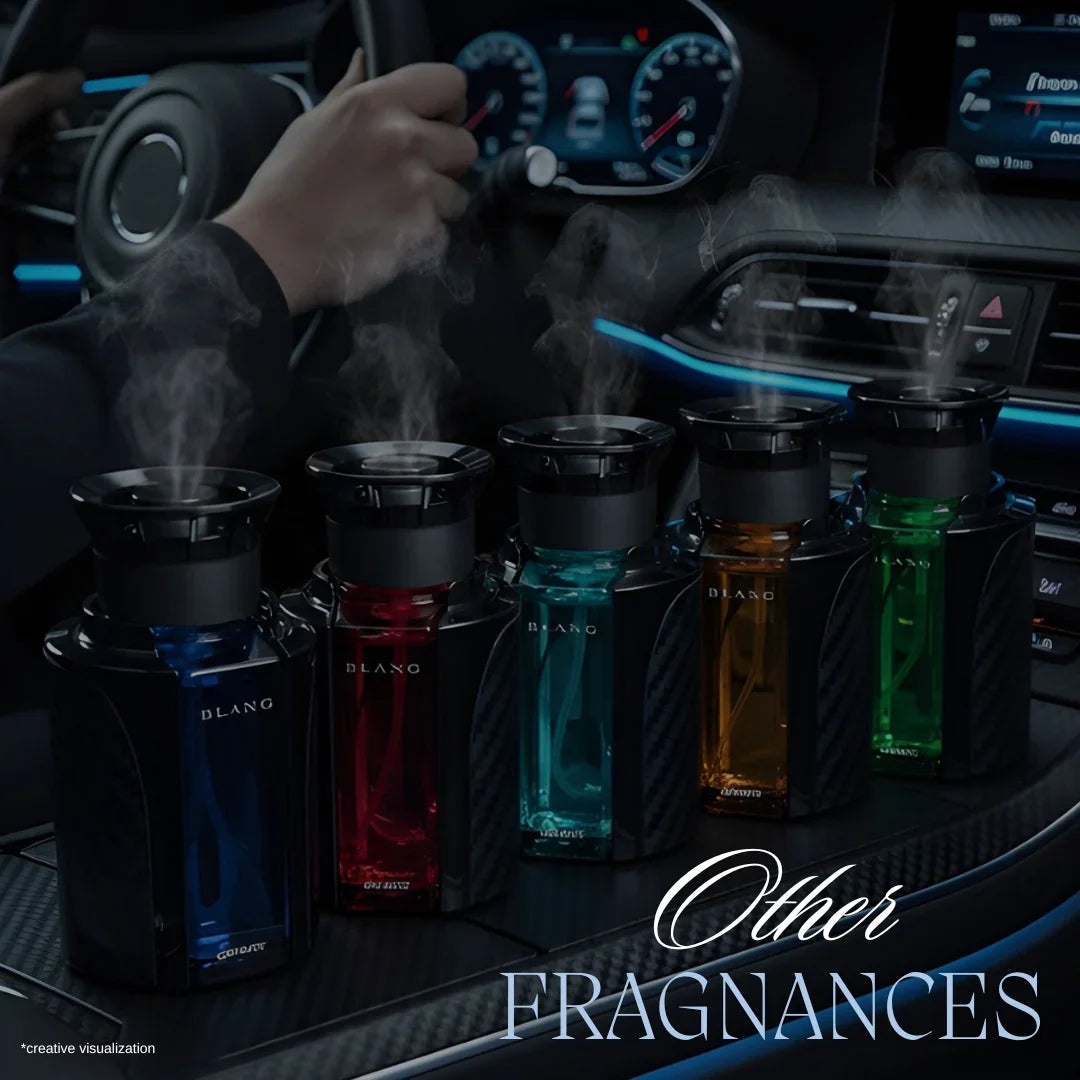 Car air fresheners with misting fragrance in blue, red, teal, amber, green bottles inside luxury vehicle