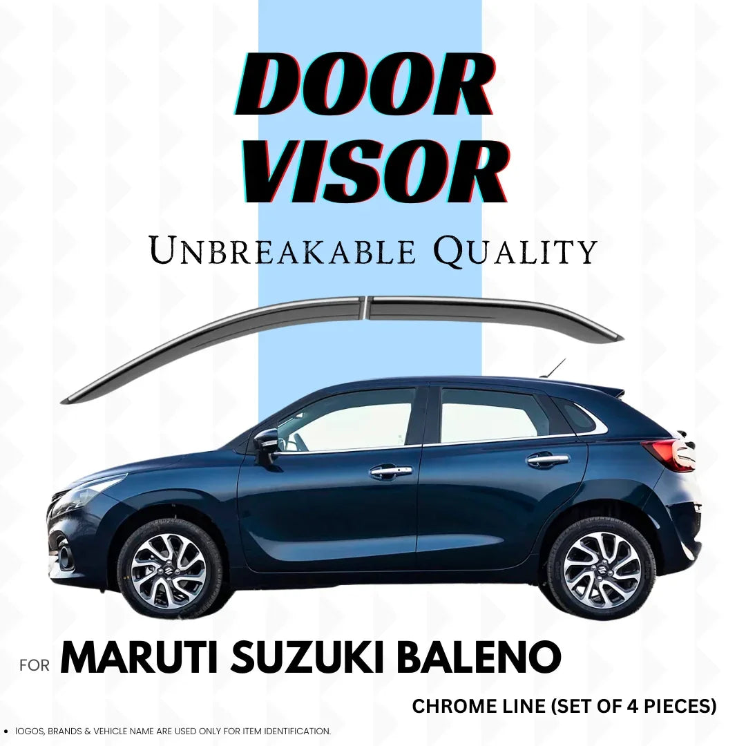 Chrome door visors for Maruti Suzuki Baleno, unbreakable quality, set of 4 pieces