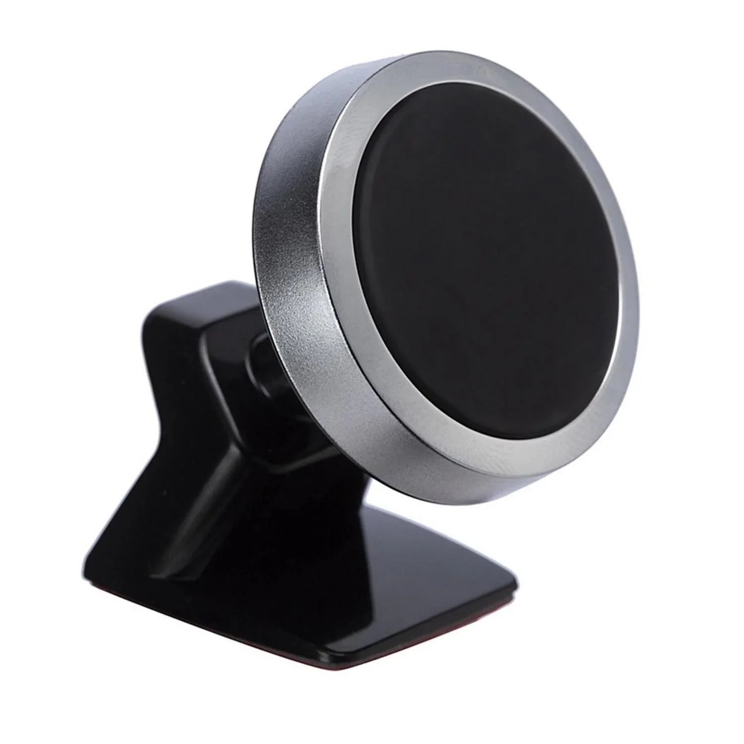 Magnetic car phone holder with black base and silver ring, ideal for dashboard mounting