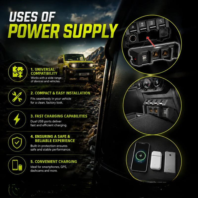 Car power supply with dual USB ports, universal fit, fast charging for smartphones & GPS, easy install in vehicle