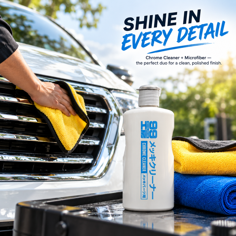 Soft99 Chrome Cleaner + Microfiber Cloth 350 GSM Combo