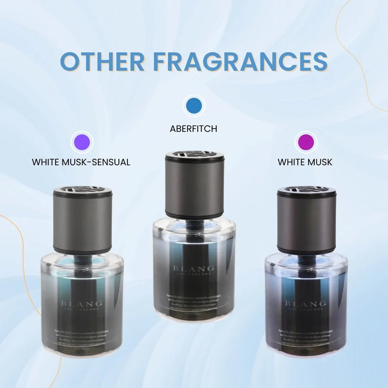 BLANG car perfume diffusers in White Musk-Sensual, Aberfitch, and White Musk fragrances for long-lasting scent