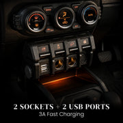 Car dashboard with 2 sockets + 2 USB ports for fast charging, illuminated controls, and climate buttons