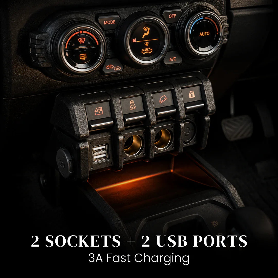Car dashboard with 2 sockets + 2 USB ports for fast charging, illuminated controls, and climate buttons