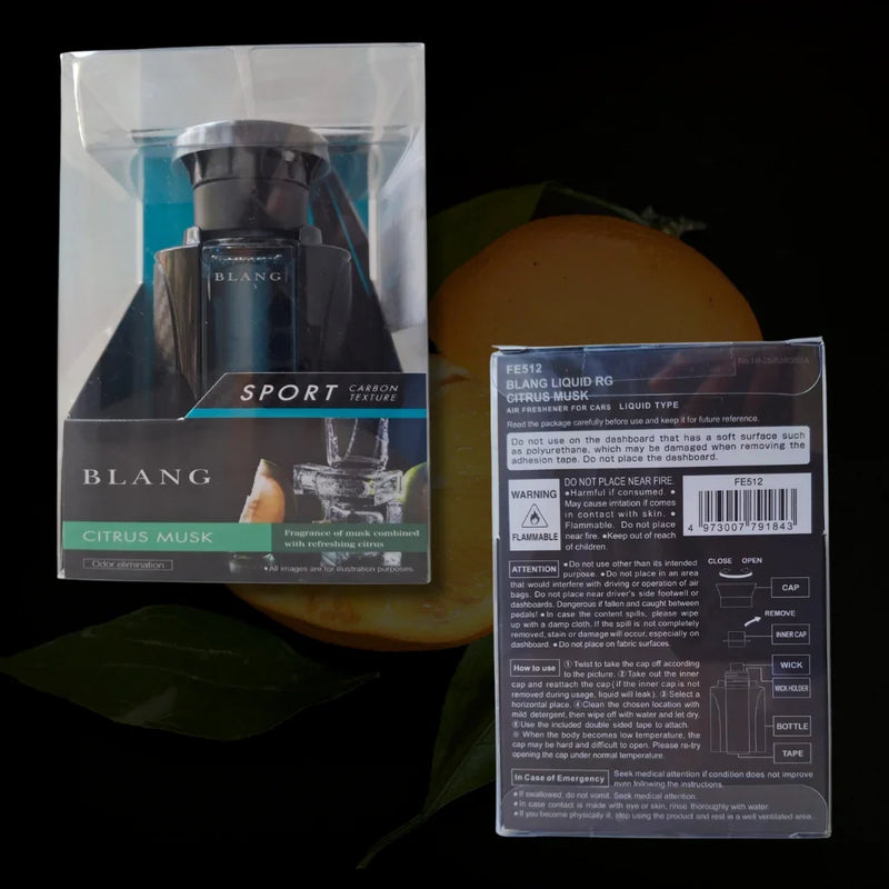 Blang Sport Citrus Musk car air freshener with carbon texture, liquid type for dashboard use