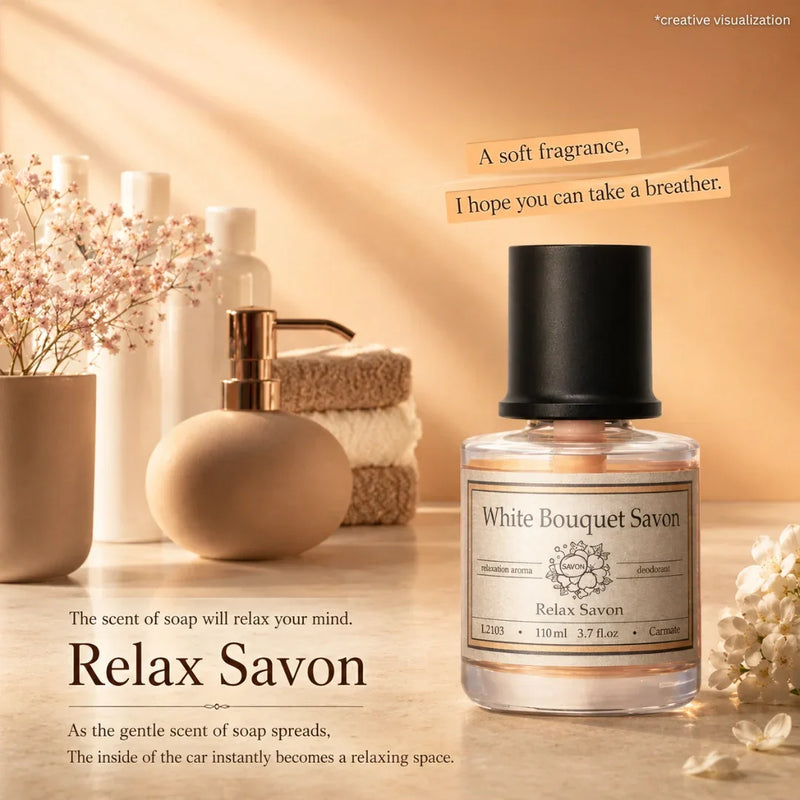 Carmate White Bouquet Savon – Relax Soap Car Air Freshener (110ml, Liquid Type)