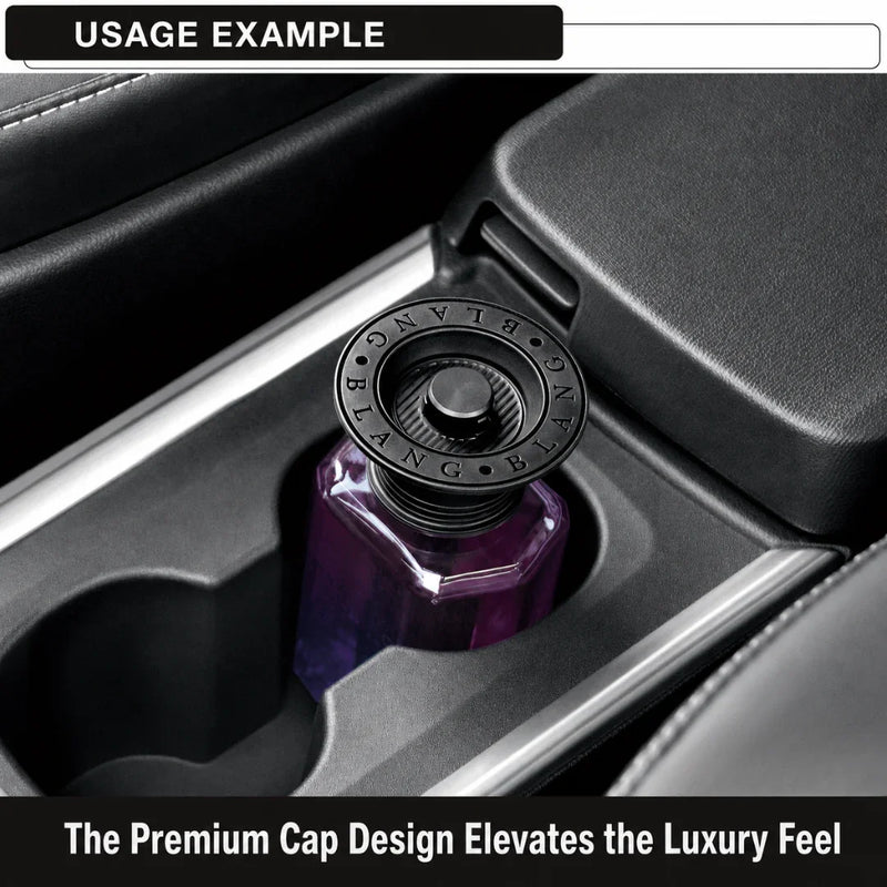 Purple car perfume with premium cap in cup holder, luxury auto accessory