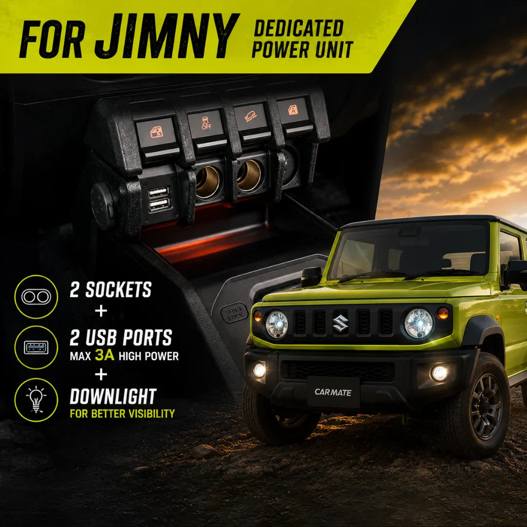 Dedicated power unit for Jimny with 2 sockets, 2 USB ports, and downlight for better visibility