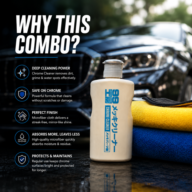 Soft99 Chrome Cleaner + Microfiber Towel 800 GSM Combo