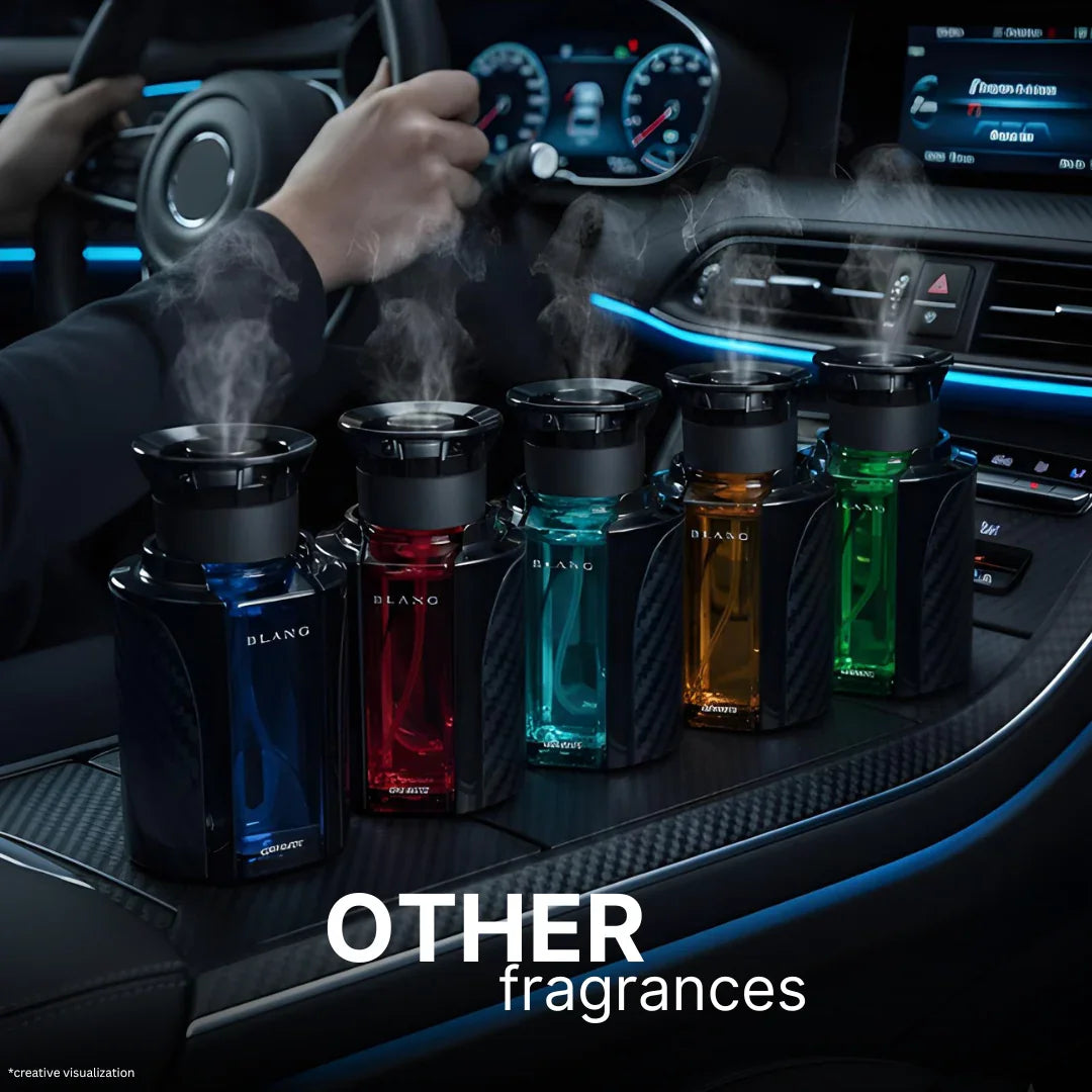 Car air fresheners with misting fragrance in blue, red, teal, amber, green — premium auto perfume for vehicle interior