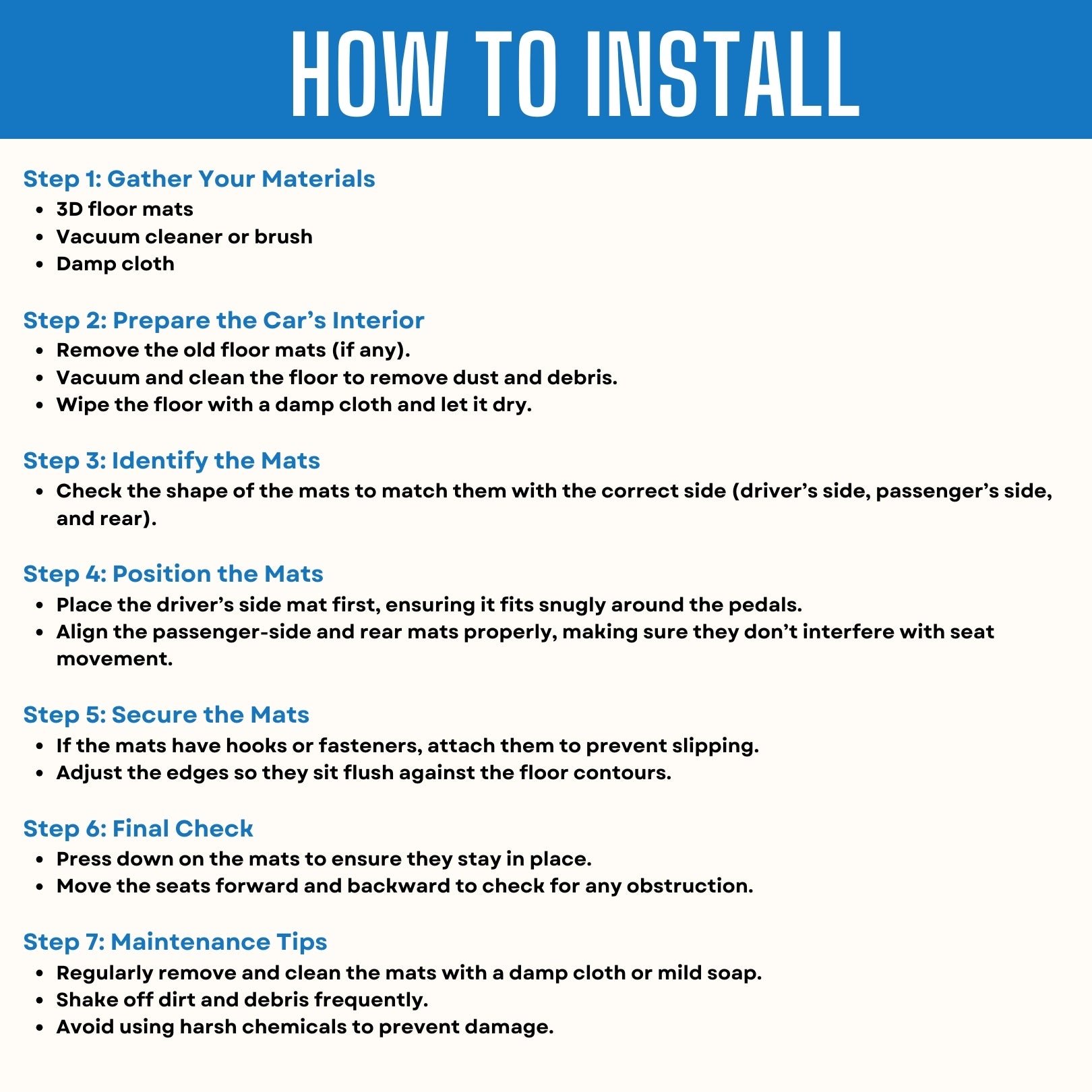 Step-by-step guide to install 3D car floor mats: gather materials, prep interior, position & secure mats, maintenance tips