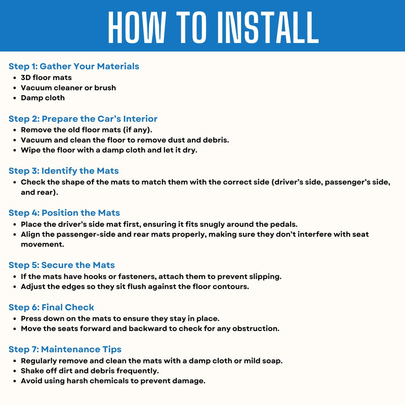 Step-by-step guide to install 3D car floor mats: gather materials, prep interior, position & secure mats, maintenance tips