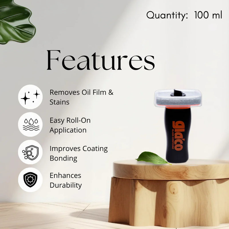 Glaco Glass Compound features - removes oil film, easy roll-on, improves coating bonding
