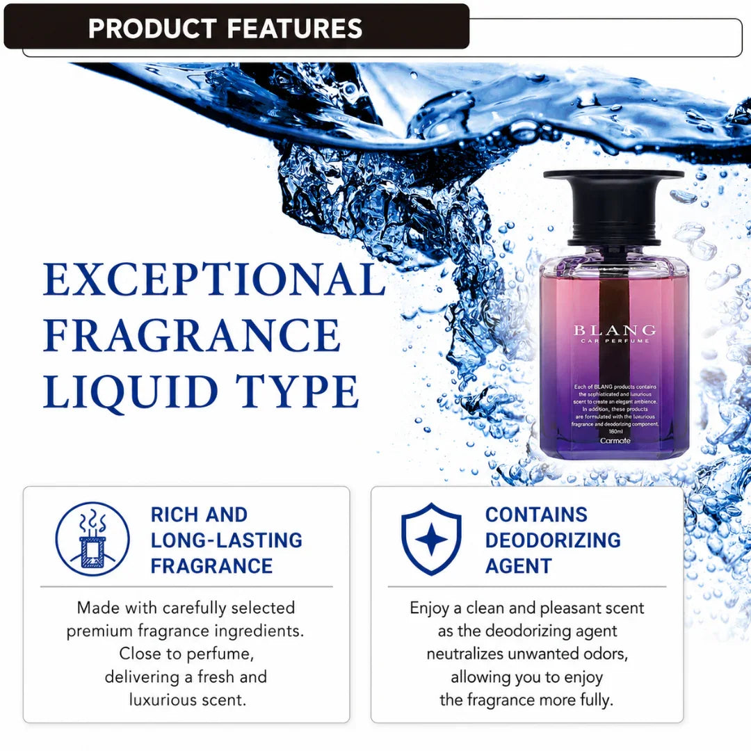 BLANG car perfume liquid with long-lasting fragrance and deodorizing agent, featuring rich scent in purple bottle