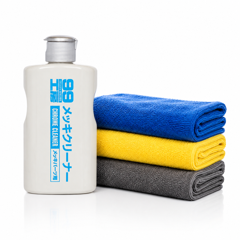 Soft99 Chrome Cleaner + Microfiber Cloth 350 GSM Combo