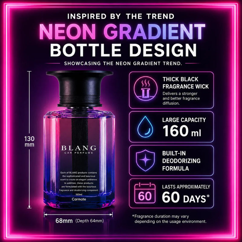 Neon gradient car perfume bottle with 160ml capacity, thick black wick, deodorizing formula, lasts 60 days