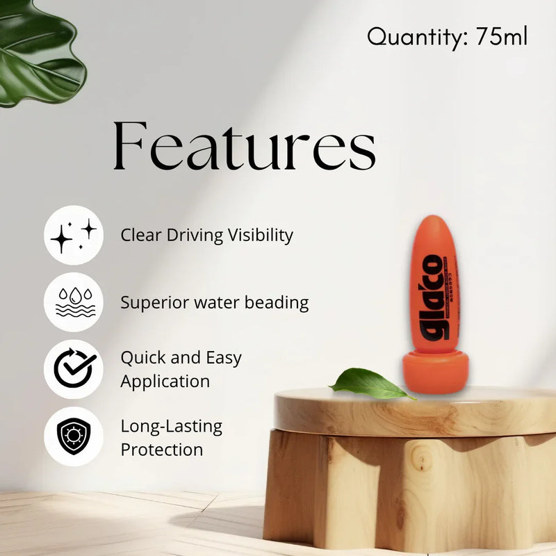 GlaCo car windshield treatment with 75ml, clear visibility, water beading, easy application, long-lasting protection