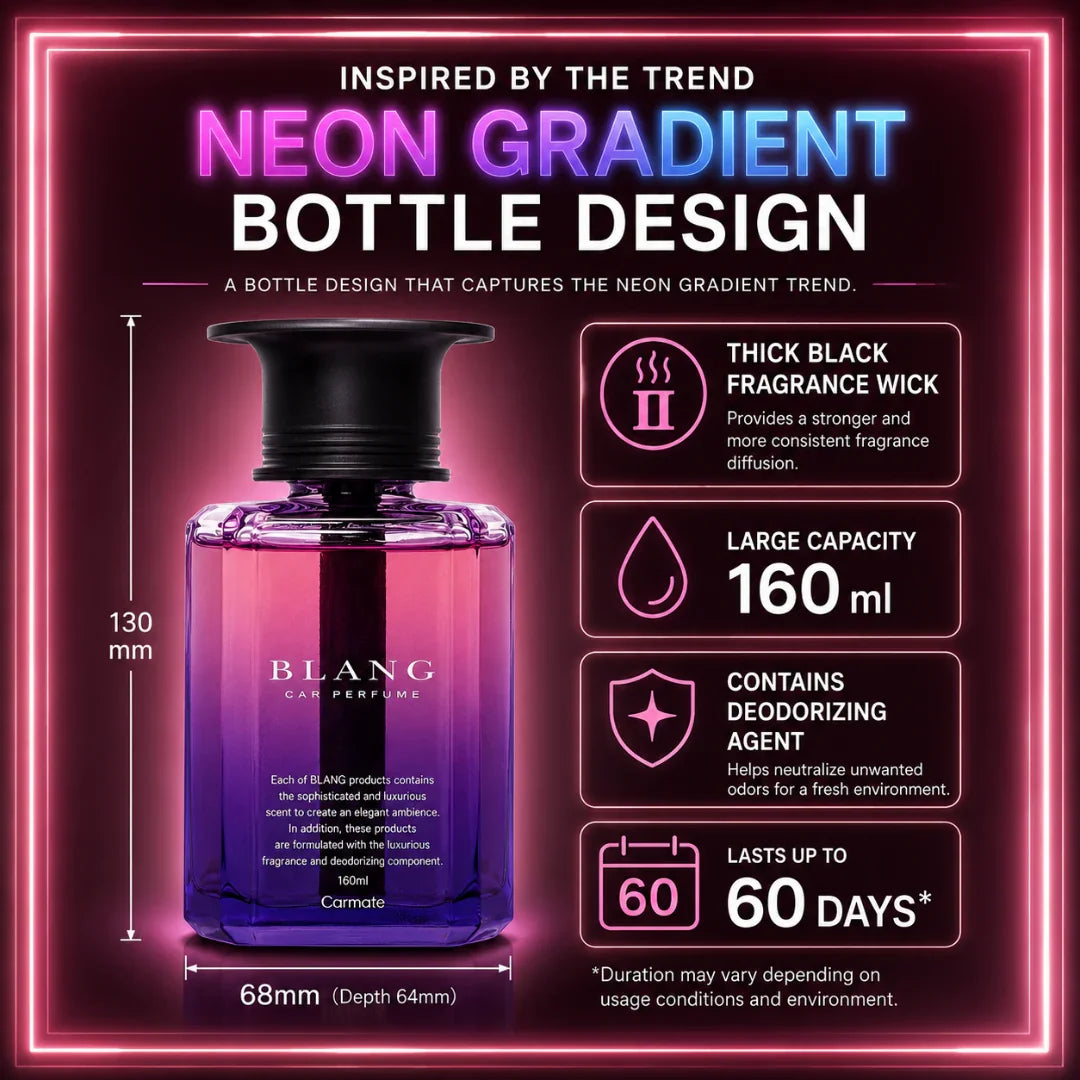 Neon gradient car perfume bottle with 160ml capacity, thick wick, deodorizing agent, lasts 60 days
