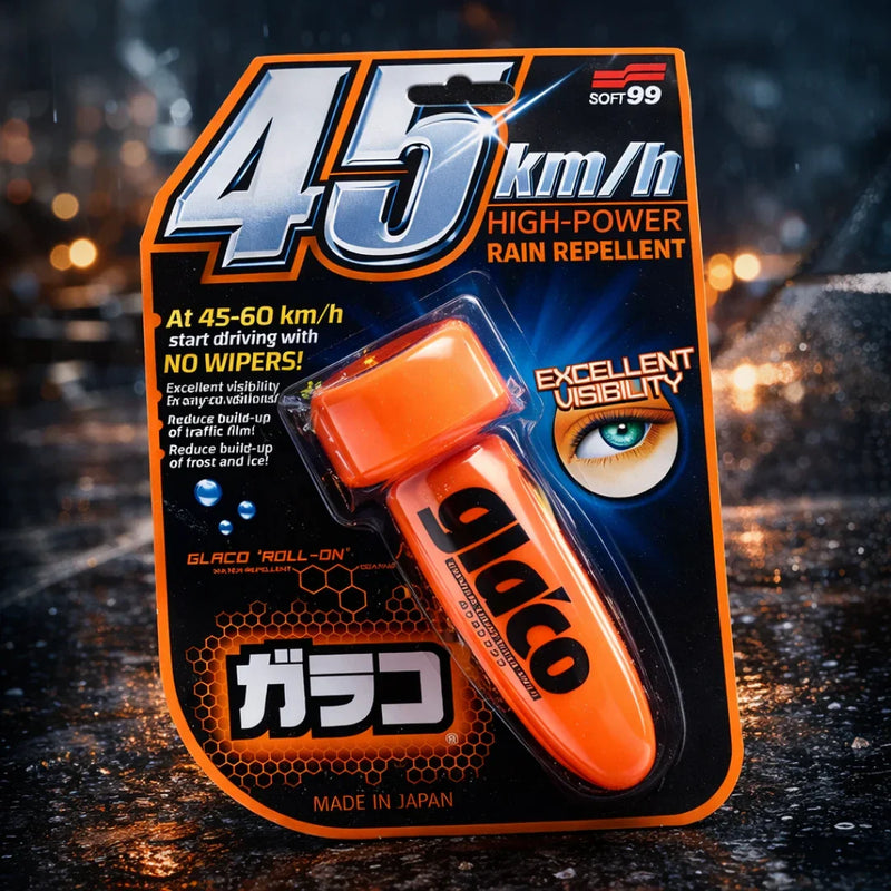 Glaco roll-on rain repellent for car windshield, provides excellent visibility at 45 km/h, made in Japan