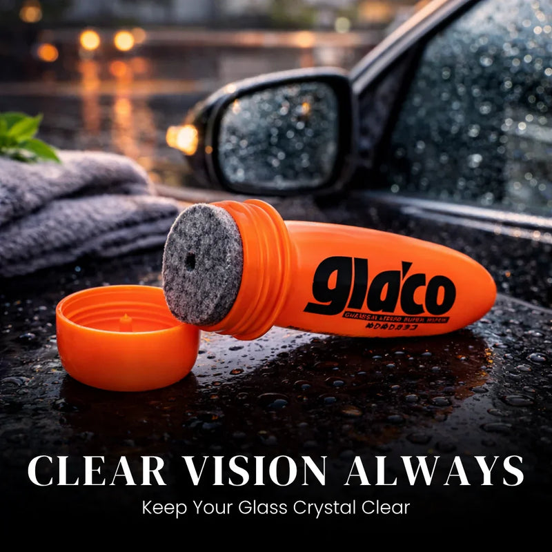 Gla'co windshield glass cleaner tool on wet car hood, keeps glass crystal clear for clear vision