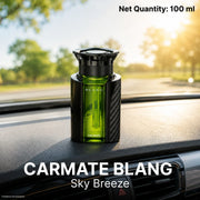 Carmate Blang Sky Breeze car perfume 100ml on dashboard, green liquid, carbon fiber design, long-lasting fragrance