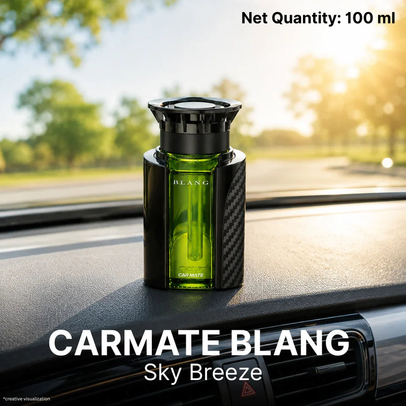Carmate Blang Sky Breeze car perfume 100ml on dashboard, green liquid, carbon fiber design, long-lasting fragrance