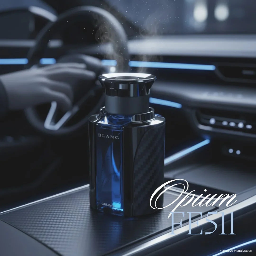Luxury car air freshener with mist spray, sleek black design, placed on dashboard for premium interior scent