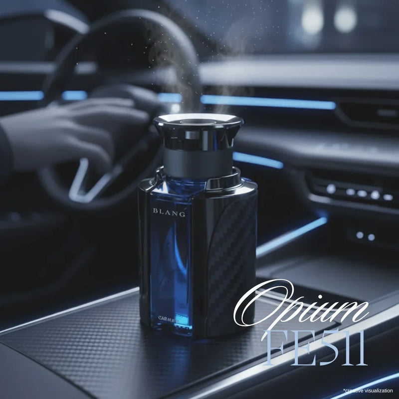 Luxury car air freshener with mist spray, sleek black design, placed on dashboard for premium interior scent