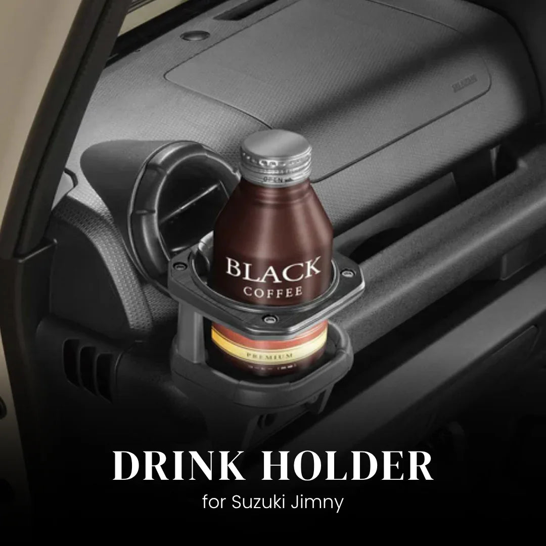 Car drink holder for Suzuki Jimny holding black coffee bottle, automotive accessory