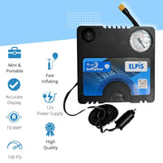 Portable 12V car tyre inflator with pressure gauge, 100 PSI, fast inflation for automotive use