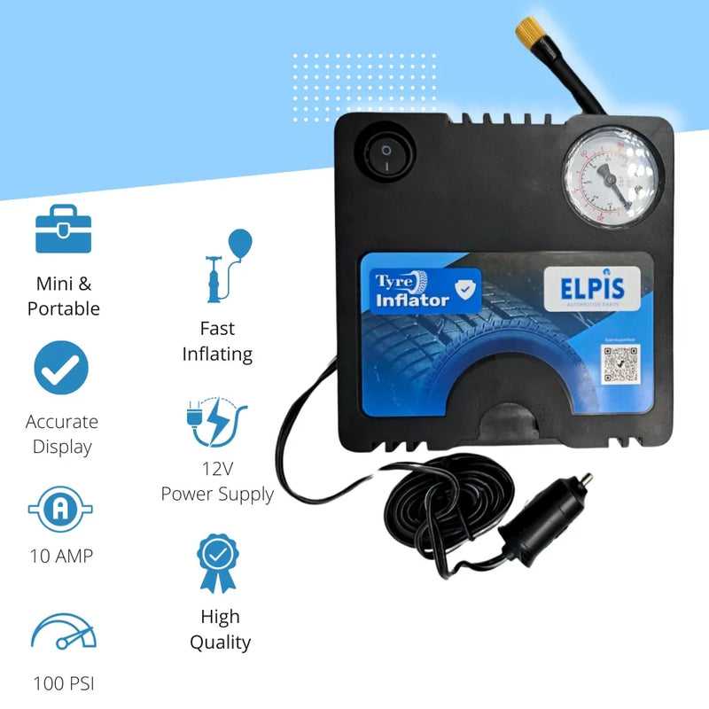 Portable 12V car tyre inflator with pressure gauge, 100 PSI, fast inflation for automotive use