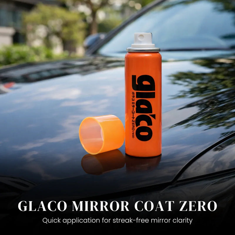 Glaco Mirror Coat Zero bottle with cap off placed on car hood
