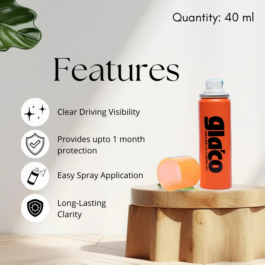 Glaco Mirror Coat Zero features - clear visibility, 1 month protection, easy spray application
