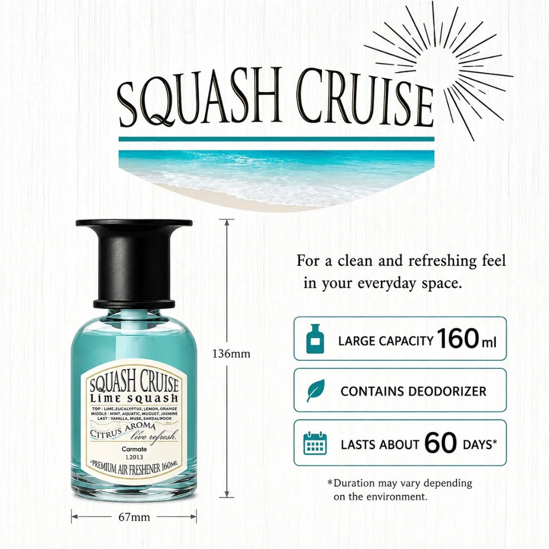 Carmate Squash Cruise Liquid Lime Squash Car Perfume – 160ml Long Lasting Citrus Air Freshener, Compact Design for Cup Holder & Dashboard