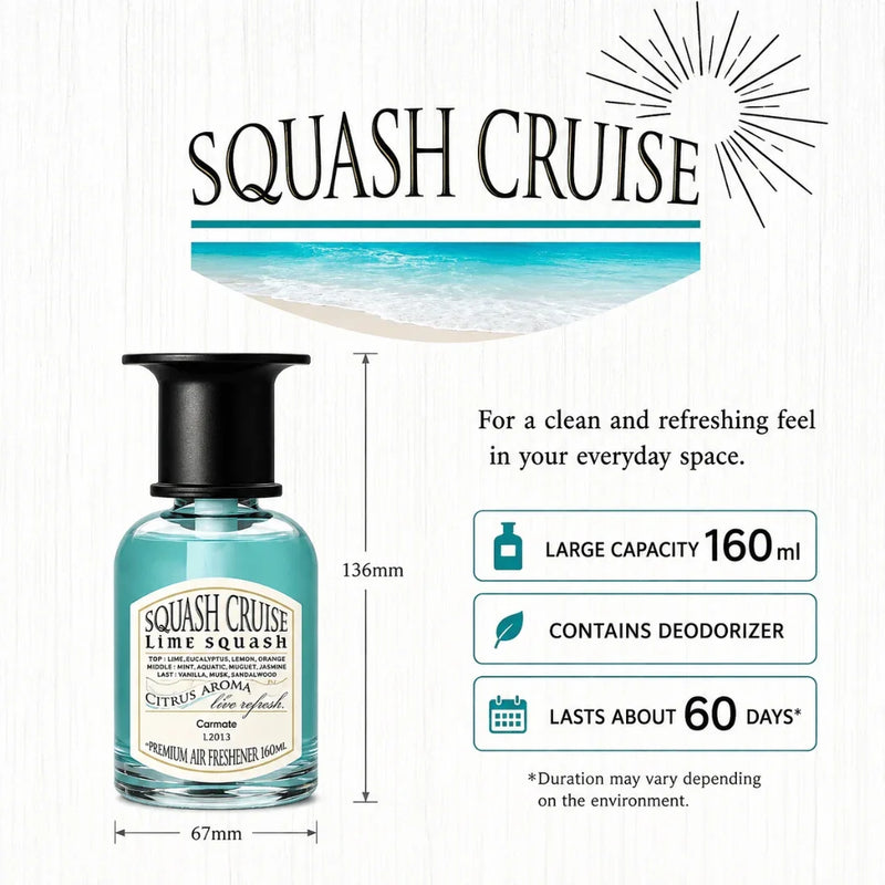 Carmate Squash Cruise Liquid Lime Squash Car Perfume – 160ml Long Lasting Citrus Air Freshener, Compact Design for Cup Holder & Dashboard