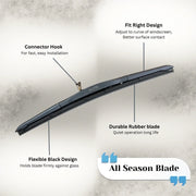 All Season Car Windshield Wiper Blade with Flexible Black Design, Durable Rubber, and Easy Install Hook