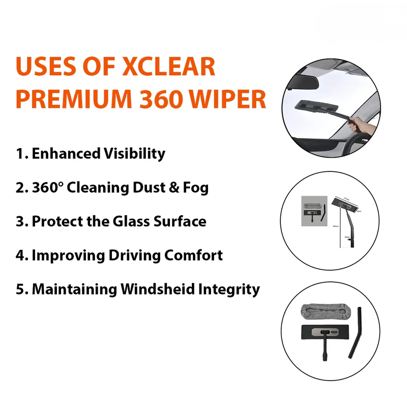XCLEAR Premium 360° Car Window Wiper C140 – Interior Windshield Cleaner with Microfiber Pad | Grey & Black | Streak-Free, Easy Reach, Rotating Head
