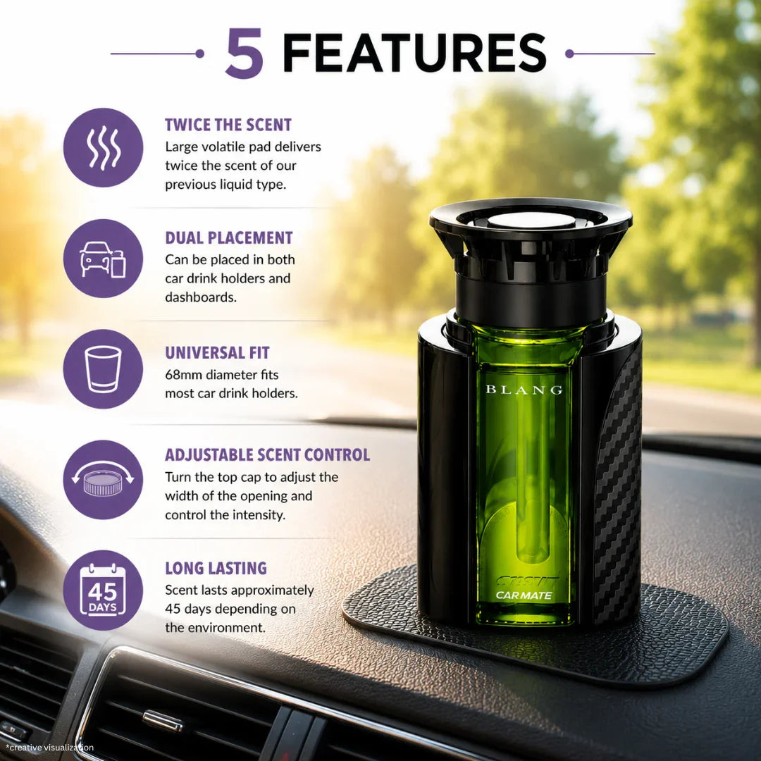 Green car air freshener with adjustable scent control, fits drink holders & dashboards, lasts 45 days