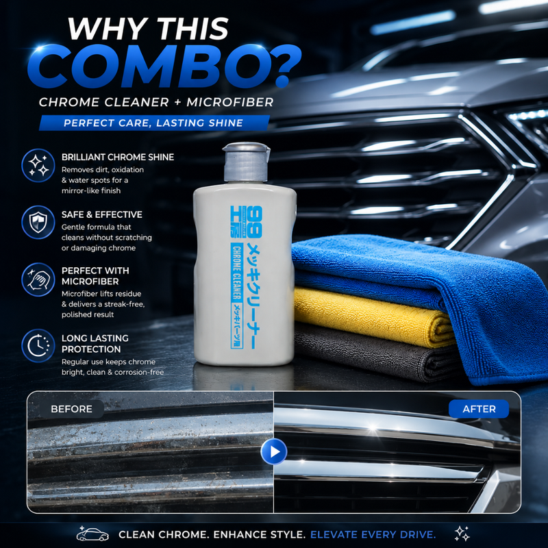 Soft99 Chrome Cleaner + Microfiber Cloth 350 GSM Combo