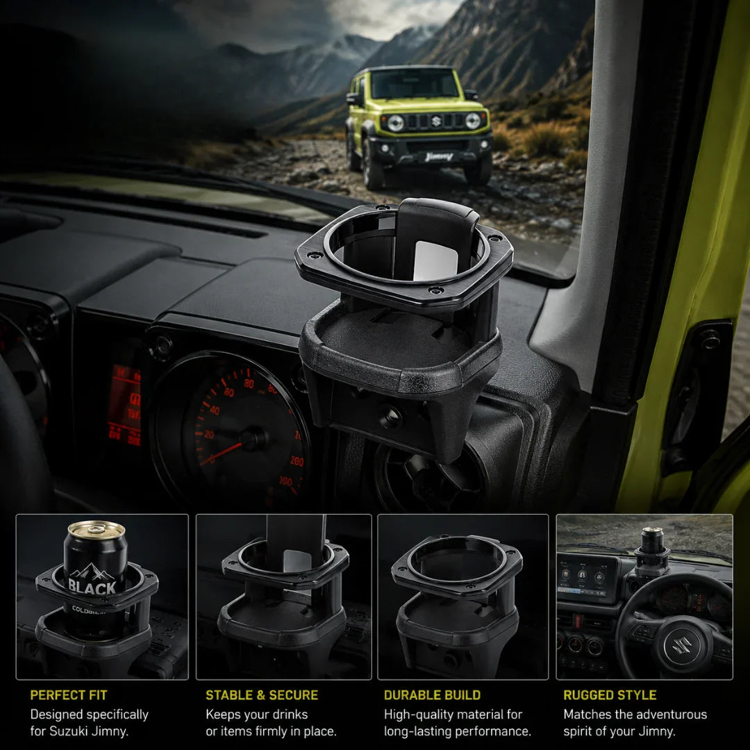 Black car cup holder for Suzuki Jimny, rugged style, secure fit, durable build, holds drinks firmly