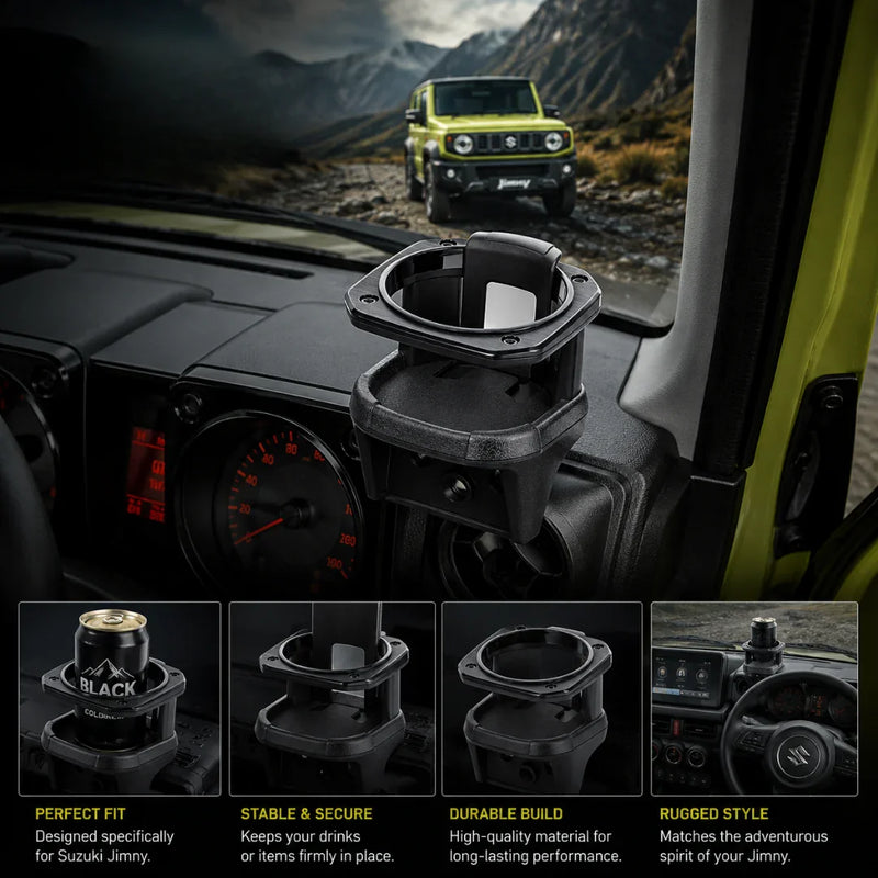 Black car cup holder for Suzuki Jimny, rugged style, secure fit, durable build, holds drinks firmly