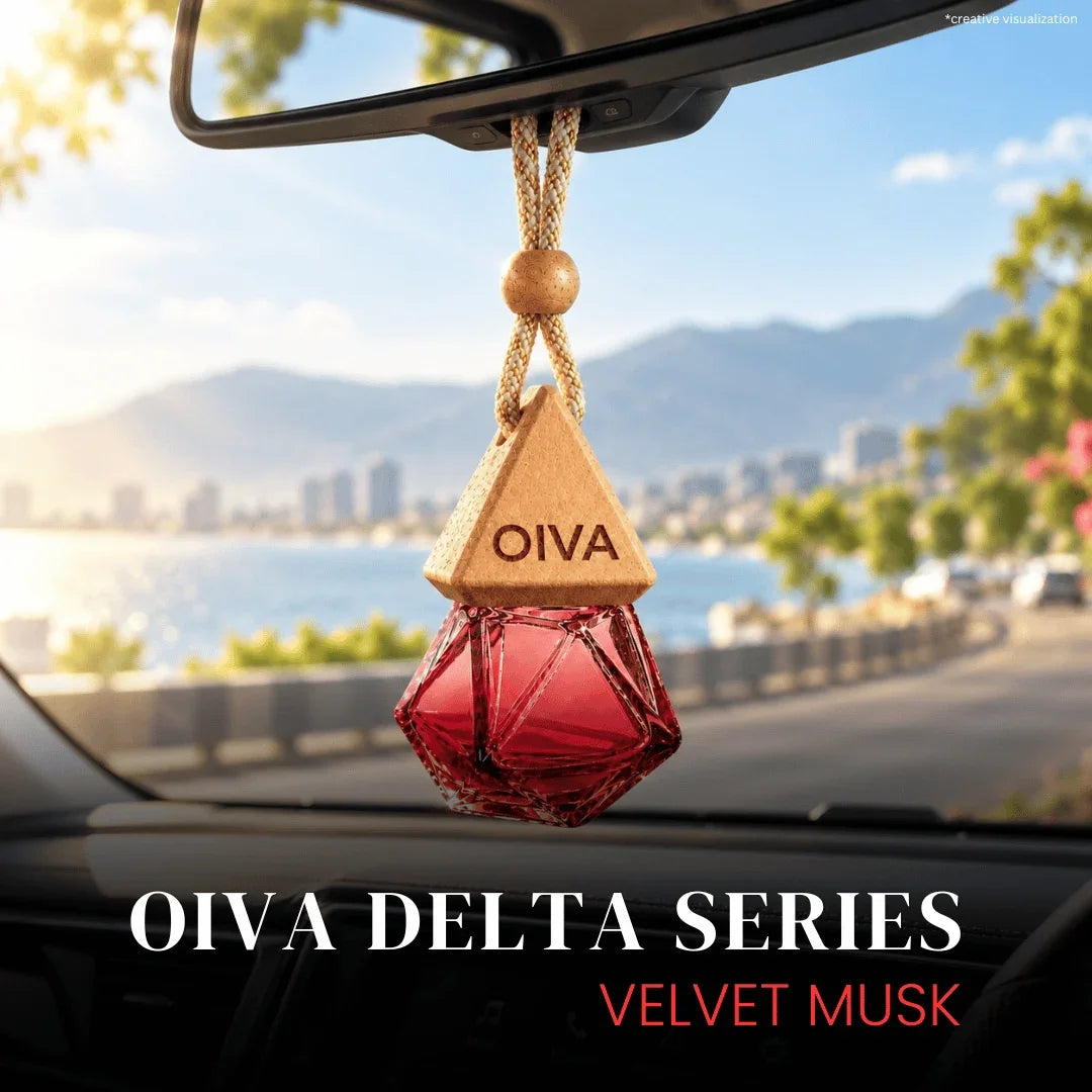 OIVA Velvet Musk car hanging perfume 8ml – premium glass bottle with wooden diffusion cap