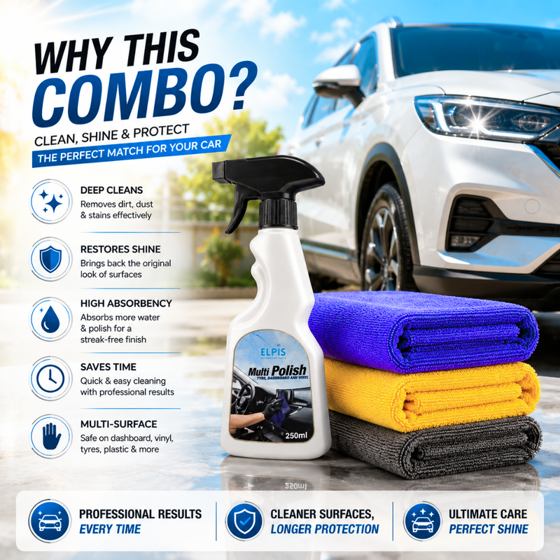 Elpis Multi Polish + Microfiber Cloth 350 GSM – Dashboard & Tyre Polish Kit