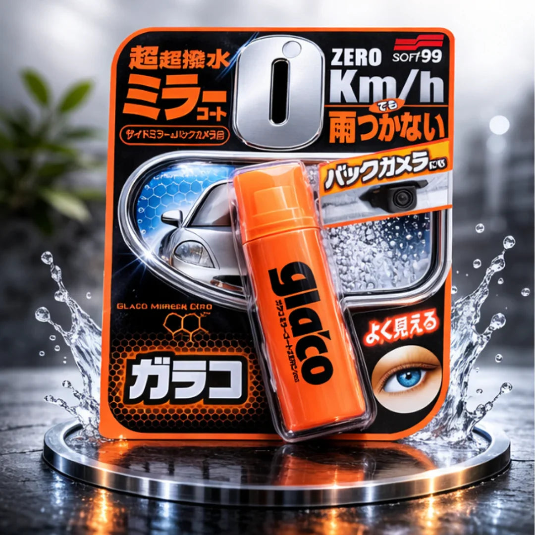 Soft99 Glaco Mirror Coat Zero bottle with Japanese packaging on wet surface
