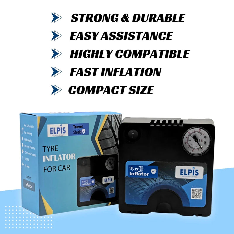 Elpis car tyre inflator with pressure gauge, compact & durable for fast inflation