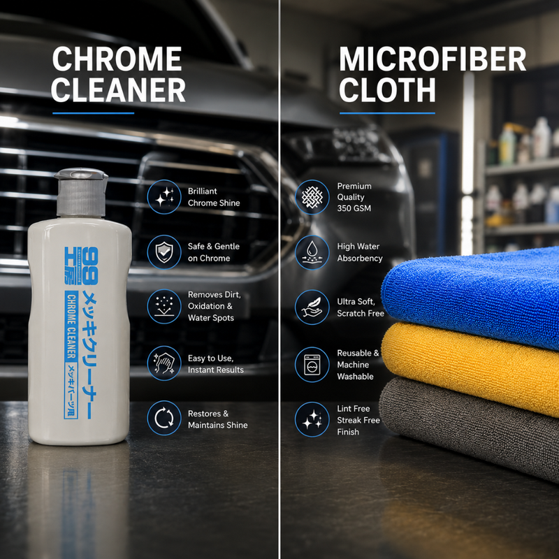 Soft99 Chrome Cleaner + Microfiber Cloth 350 GSM Combo